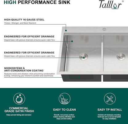 33 Inch Drop-In Double Bowl Kitchen Sink, 50/50 Low Divide 16 Gauge 304 Stainless Steel Workstation All-In One Sink, Brushed Finish #TLDB-501
