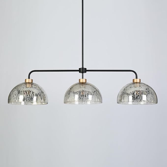 KSANA Kitchen Island Lighting, 3 Light Linear Chandelier with Mercury Dome Glass 44" Large Mid-Century Modern Pendant Light Black and Gold Chandelier for Dining Room