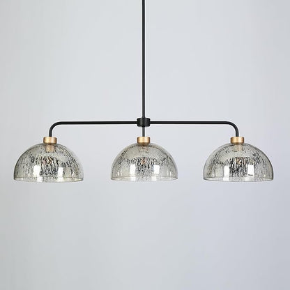 KSANA Kitchen Island Lighting, 3 Light Linear Chandelier with Mercury Dome Glass 44" Large Mid-Century Modern Pendant Light Black and Gold Chandelier for Dining Room