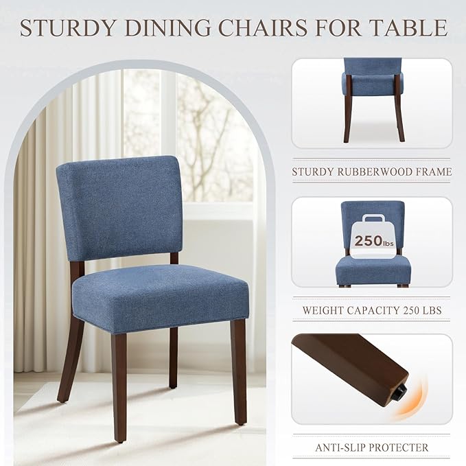 MALOL Upholstered Dining Chairs Set of 2, Fabric Kitchen Chairs with Padded Seat & Back, Solid Wood Legs, Modern Simple Dining Room Chairs for Kitchen, Dining Room, Living Room, Blue