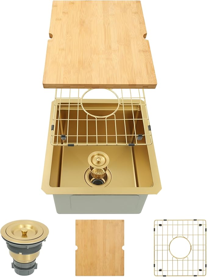 Kitsitchen Gold Bar Sink Undermount, 16 Guage Stainless Steel Workstation Sinks with Accessories, 15" x 17" Small Kitchen Sink for RV,Outdoor, Wetbar,Pre-Bar