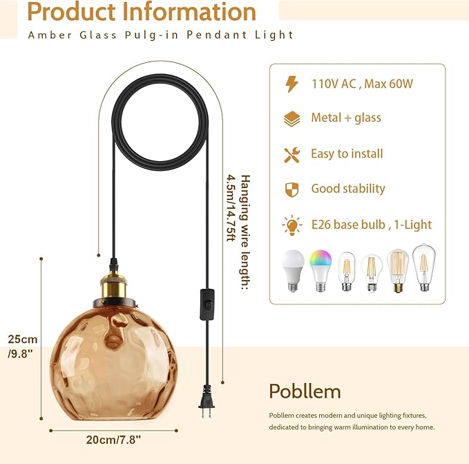 Amber Glass Hanging Lamp, Plug in Pendant Light with 14.75 Ft Long Cord, Plug in Hanging Chandelier Vintage Celing Light Fixtures Hanging for Kitchen Dining Room Living Room Bedroom (2 Pack)