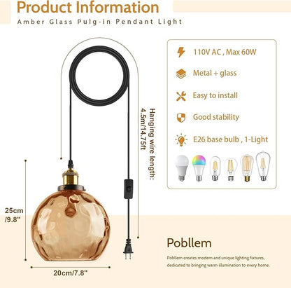 Amber Glass Hanging Lamp, Plug in Pendant Light with 14.75 Ft Long Cord, Plug in Hanging Chandelier Vintage Celing Light Fixtures Hanging for Kitchen Dining Room Living Room Bedroom (2 Pack)