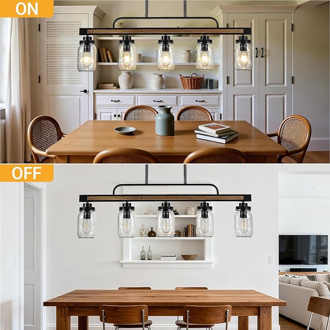 5-Light Rustic Farmhouse Dining Room Light, Black Mason Jar Chandelier Lighting Fixture for Kitchen Island, Dining Room, Cluster Hanging Pendant Light with Jar Glass Shade