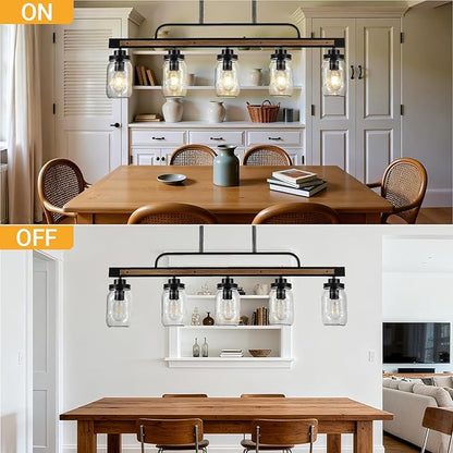 5-Light Rustic Farmhouse Dining Room Light, Black Mason Jar Chandelier Lighting Fixture for Kitchen Island, Dining Room, Cluster Hanging Pendant Light with Jar Glass Shade