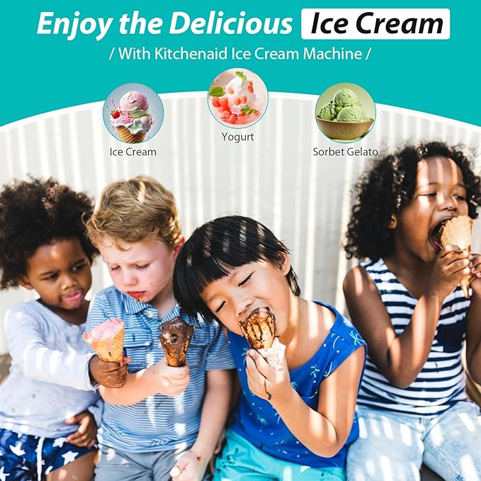 Ice Cream Maker Attachment for KitchenAid Stand Mixer, Ice Cream Bowl Compatible with 4.5Qt and Larger Stand Mixers, Ice Cream & Sorbet Gelato Maker Attachment, 2 Quart, White