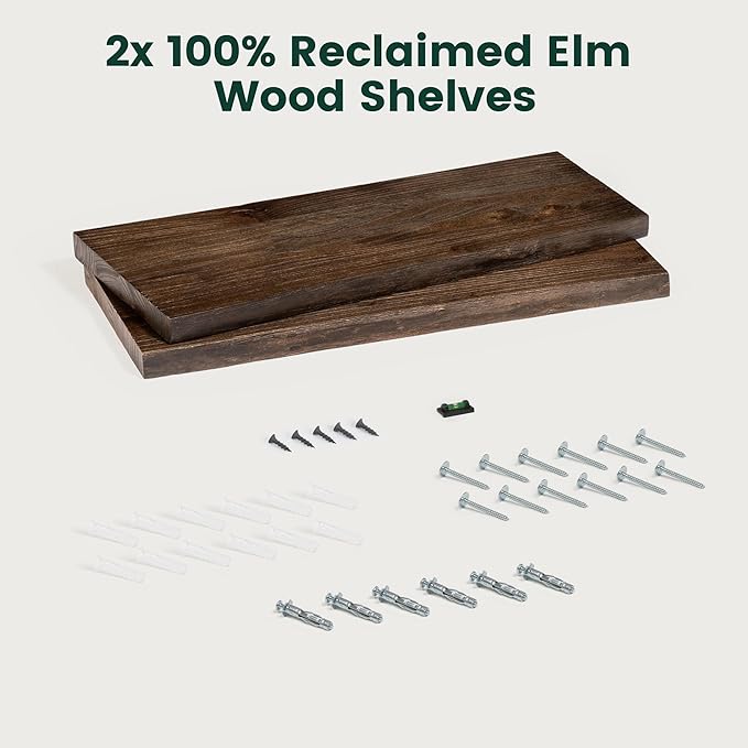 24 Inch Live Edge Floating Shelves, 8 Inch Deep Solid Elm Wood Wall Shelf, Heavy-Duty Wall Mounted Shelf with Invisible Brackets for Living Room, Bathroom, Kitchen, Set of 2, Walnut Color