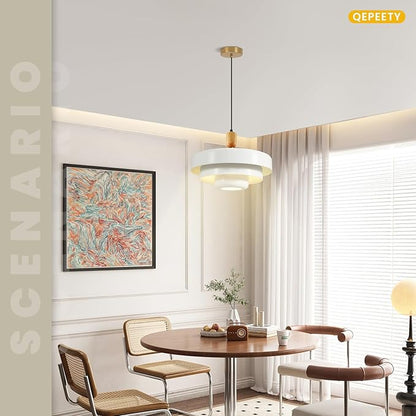 Mid Century Pendant Light with Wood & Brass, 3-Layer White Metal Shade, Nordic Flush Mount Ceiling Lamp for Kitchen Table Over Sink, Vintage Hanging Fixture