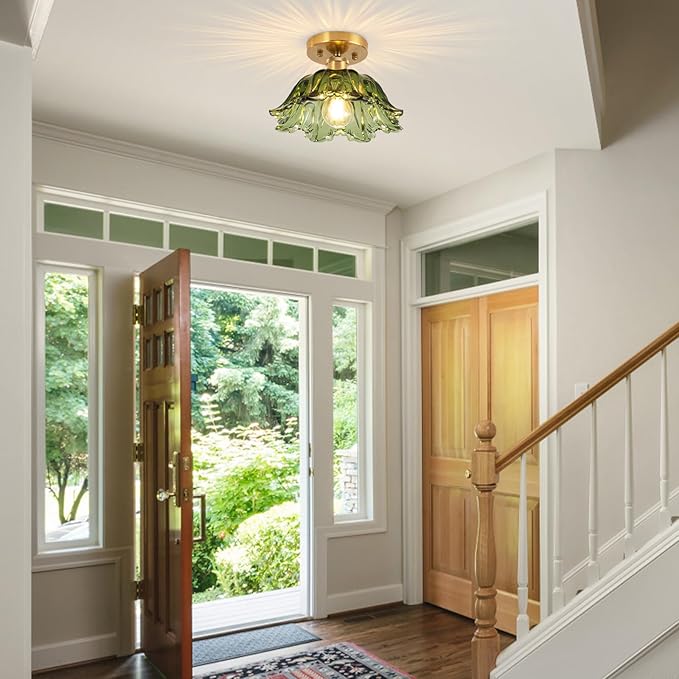 Semi Flush Mount Ceiling Light, Vintage Ceiling Light 11", Green Shade Glass Light Fixture for Kitchen Bedroom Dining Room,Bulb not Included