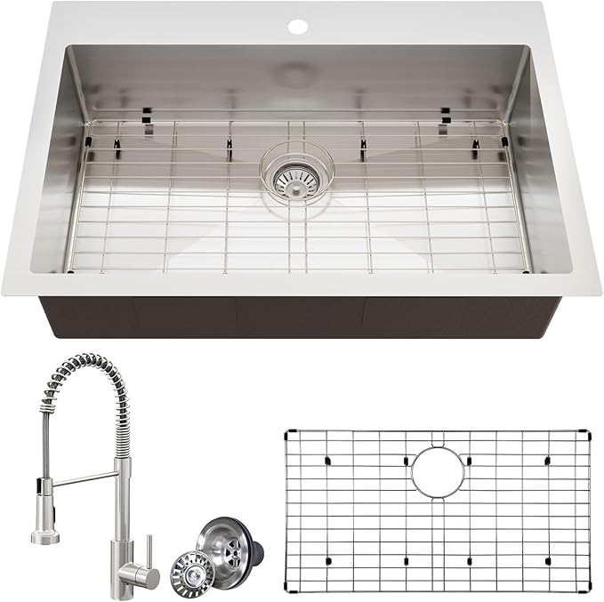 33 x 22 Drop-In/Undermount Kitchen Sink, TECASA Single Bowl Kitchen Sink, 18-Gauge T-304 Stainless Steel Basin with Accessories