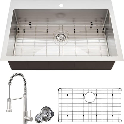 33 x 22 Drop-In/Undermount Kitchen Sink, TECASA Single Bowl Kitchen Sink, 18-Gauge T-304 Stainless Steel Basin with Accessories