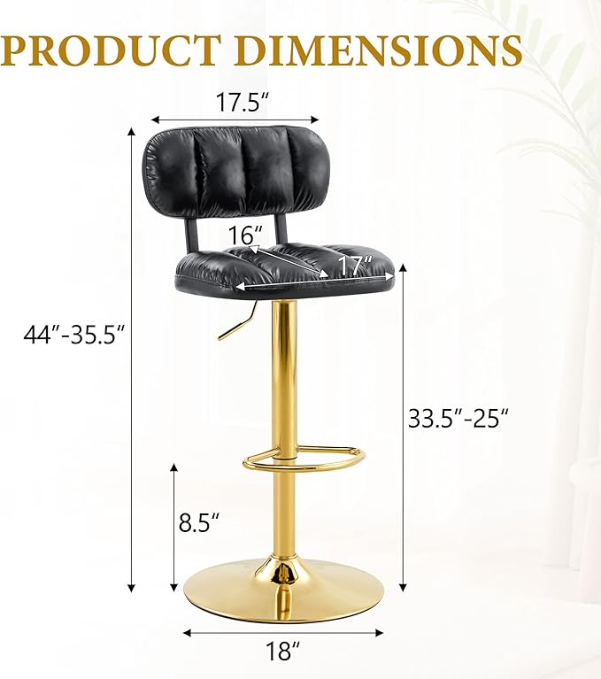 Set of 2 Bar Stools with Adjustable Height, Black PU Leather Upholstered Stools with Gold Metal Base Footrest for Kitchen Island, Home Bar, Game Room