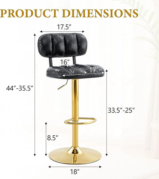 Set of 2 Bar Stools with Adjustable Height, Black PU Leather Upholstered Stools with Gold Metal Base Footrest for Kitchen Island, Home Bar, Game Room
