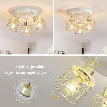 Semi Flush Mount 3-Light Kitchen Ceiling Fixture, Multi-Directional Lights for Kitchen, Farmhouse, Hallway, Dining Room, Entryway (White & Gold)