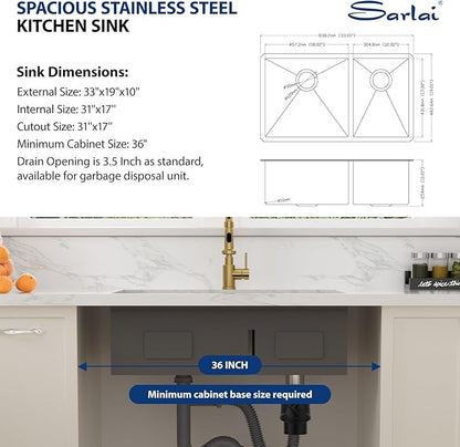 Sarlai 33 Inch Gold Undermount Kitchen Sink Double Bowl 33 x 19 Inch Low Divided Gold Workstation Double Kitchen Sink Stainless Steel 16 Gauge 60/40 Sinks Basin