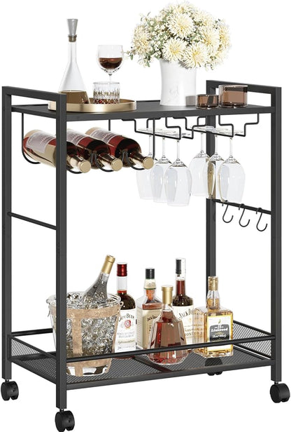Joaxswe Bar Cart, Home Bar Serving Cart with 2-Tier Shelf,Rolling Beverage Cart with Wheels,Mobile Kitchen Shelf,Modern Black Wine Drink Cart with Wine Rack and Glass Holder for Kitchen,Dinning Room