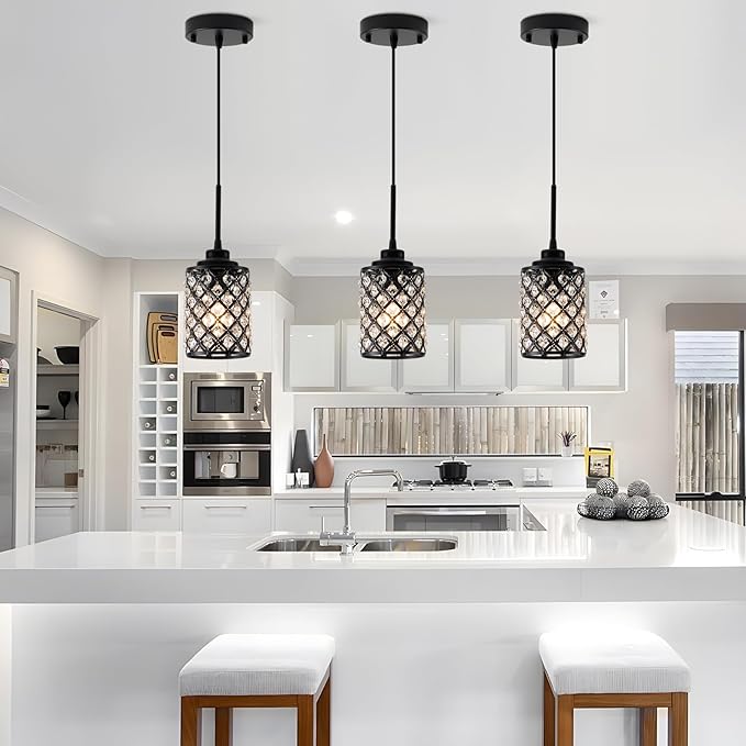 Small Pendant Light Fixtures,3-Pack Modern Pendant Lights Kitchen Island,Black Matte Finish Hanging Lighting K9 Crystal Mini Chandelier for Dining Room,Hallway,Bedroom,Foyer（3 Pack