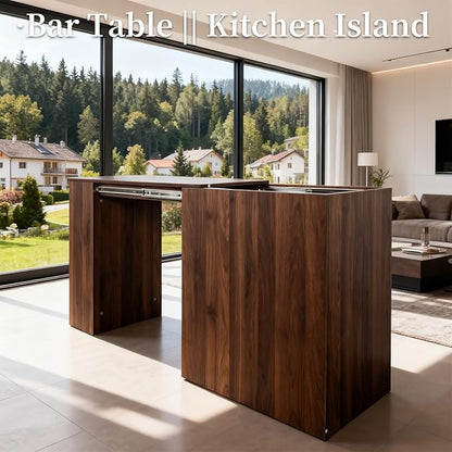 JOYSOURCE Counter Height Bar Table for 2, Extendable Kitchen Island with Drawers & Shelves for Kitchen, Living Room, Walnut