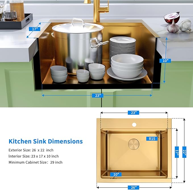 Gold Kitchen Sink 26" X 22",Drop In/Top Mount 16 Gauge Stainless Steel Workstation Sink,Deep & Large Single Bowl Kitchen Sinks (Gold, 26" X 22")