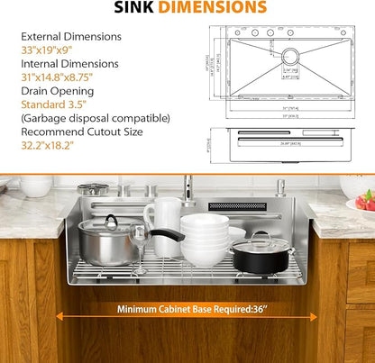 Mocoloo 33 Inch Honeycomb Waterfall Kitchen Sink Drop in, 33x19 Inch Stainless Steel Workstation Sink 16 Gauge Topmount Single Bowl Sink with Complete Kit
