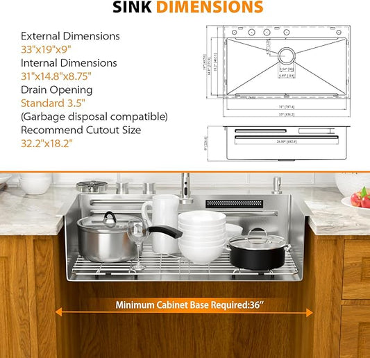 Mocoloo 33 Inch Honeycomb Waterfall Kitchen Sink Drop in, 33x19 Inch Stainless Steel Workstation Sink 16 Gauge Topmount Single Bowl Sink with Complete Kit