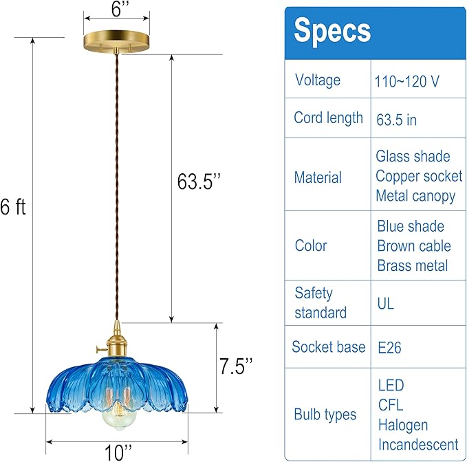 Pendant Light Fixture, Hanging Light Fixture, Glass Shade Pendant Light with Rotary Switch, Modern Lamp for Kitchen Island, Bedroom, Dining Room, Living Room (Blue Lotus, Hard-Wired)