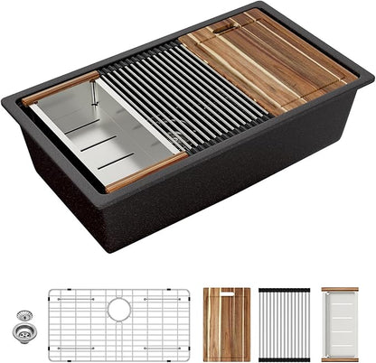 Sarlai 33 Granite Composite Kitchen Sink - 33 x 19 Inch Granite Undermount Kitchen Sink Ledge Workstation Under-Mount White Quartz Classic Single Bowl Sinks Under Counter Basin With Accessories