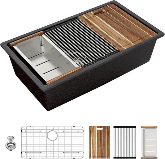Sarlai 33 Granite Composite Kitchen Sink - 33 x 19 Inch Granite Undermount Kitchen Sink Ledge Workstation Under-Mount White Quartz Classic Single Bowl Sinks Under Counter Basin With Accessories