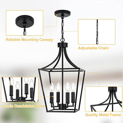 4-Light Farmhouse Lantern Chandelier, Black Pendant Light Fixture Adjustable Height for Kitchen Island Dining Room Foyer, Hanging Ceiling Lighting E12 Bulb Base