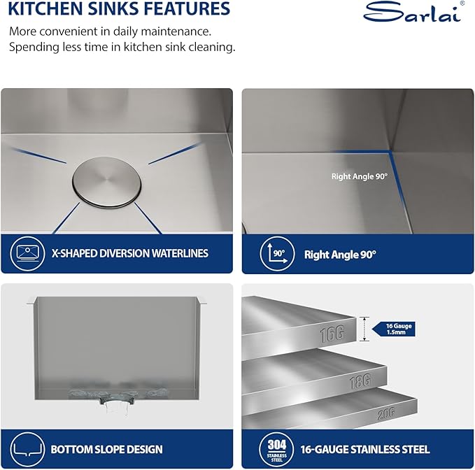 Sarlai Undermount Laundry Sink 24 Inch - 13 Inch Deep Undermount Laundry Utility Sink Single Bowl Kitchen Sinks 16 Gauge Stainless Steel Laundry Tub Sinks Basin