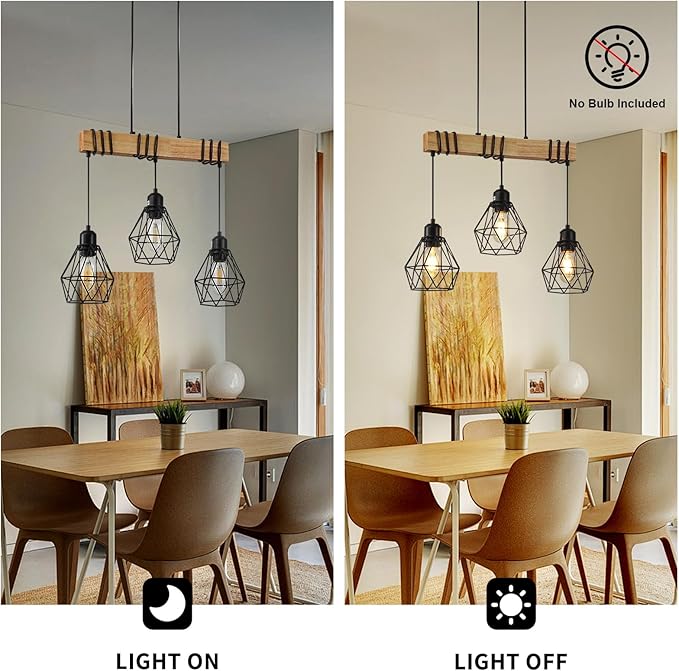 20" Farmhouse Kitchen Light Fixture, Black Hanging Kitchen Chandelier, 3-Light Rustic Dining Room Light Adjustable Height with Wood and Metal Frame, Suit for Farmhouse, Industrial Style