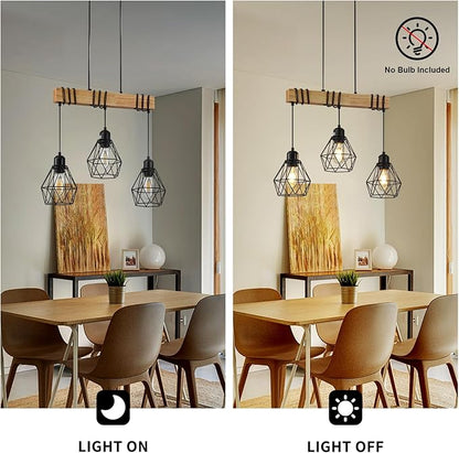 20" Farmhouse Kitchen Light Fixture, Black Hanging Kitchen Chandelier, 3-Light Rustic Dining Room Light Adjustable Height with Wood and Metal Frame, Suit for Farmhouse, Industrial Style
