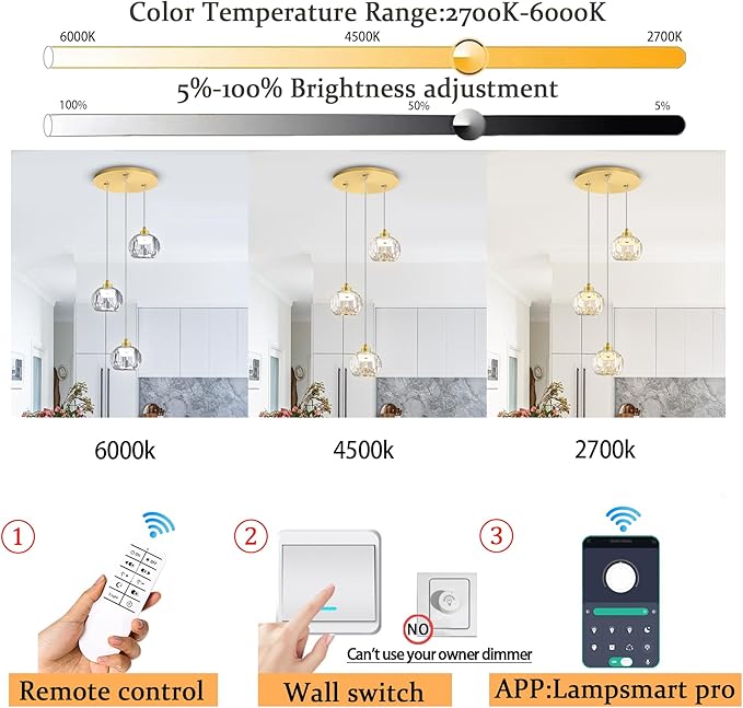 3-Light Dimmable LED Gold Pendant Light,Crystal Ball Chandelier for Dining Room Bedroom Pendant Light Kitchen Island 15W