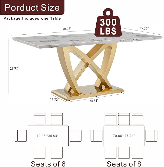 70" Faux Marble Dining Table for 6-8 People, Modern Rectangular Kitchen Table with Gold Mirror Finish Stainless Steel Base, Large Dining Room Table (Gold + Grey, Type2 + 70" Rectangle)