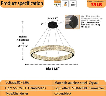 Modern LED Dimmable Crystal Chandelier 31.5" Ring Pendant Light Adjustable Black Round Crystal Chandelier Light Fixtures for Dining Room Living Room