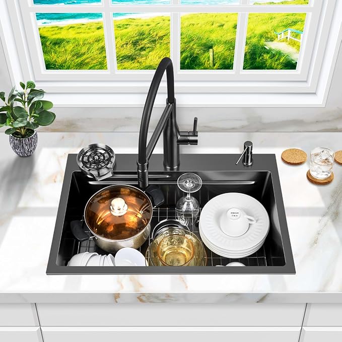 FRANIC 29" Handmade Black Bar Workstation Sink, 29" x 18" x 8" Stainless Steel Matte Nano Black Topmount Single Bowl Small Kitchen Outdoor Sink
