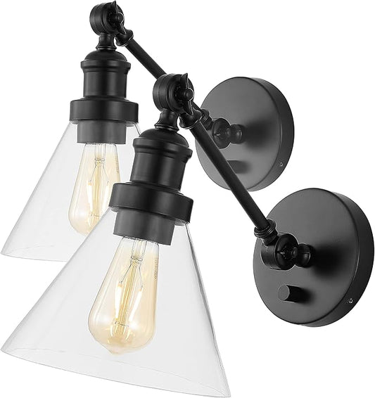 JONATHAN Y 8" Oil Rubbed Bronze Adjustable LED Wall Sconce, Plug-in Wall Lamp with Dimmer Switch, Clear Glass Shade for Bedroom Living Room Kitchen, LED Bulb Included (JYL7575A-SET2)