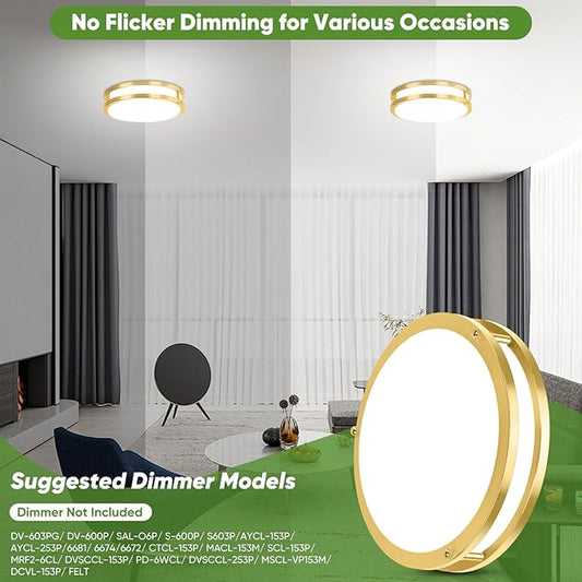 10 Inch LED Flush Mount Ceiling Light, Gold Kitchen Lighting Fixture with 2700K/3000K/4000K/5000K/6500K 5 Color Adjusted, Dimmable Modern Round LED Light for Bedroom Living Room Laundry, 1-Pack