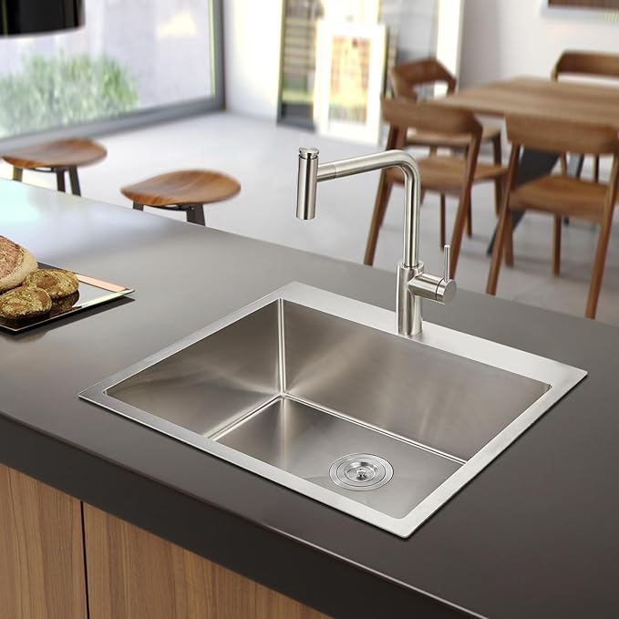 MENATT 25 x 22 Inch Drop In Kitchen Sink, 18 Gauge T-304 Stainless Steel Handmade Single Bowl 1 Faucet Hole Topmount Kitchen Sink, Brushed