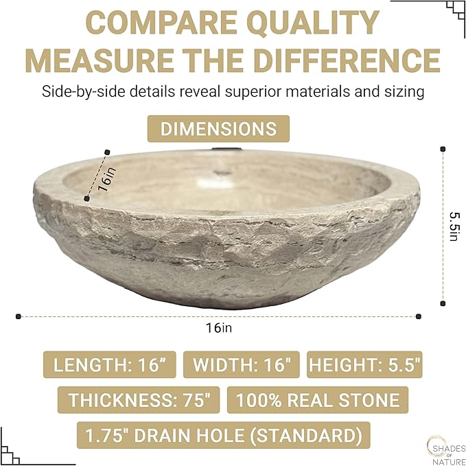 Shades of Nature Round Bowl Travertine Vessel Sink, Natural Stone Wash Basin, Hand-Carved Bathroom Sink, Chiseled Exterior, Polished Interior, Above Counter Vanity (Soap Tray Included)