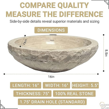 Shades of Nature Round Bowl Travertine Vessel Sink, Natural Stone Wash Basin, Hand-Carved Bathroom Sink, Chiseled Exterior, Polished Interior, Above Counter Vanity (Soap Tray Included)