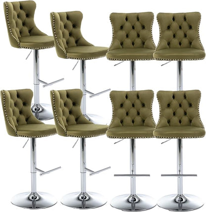 Rhomtree Velvet Swivel Bar Stools with Button Tufted Back and Pull Ring Height Adjustable Barstools 25-33 Inch for Home Pub and Kitchen Island (Olive-Green with Silver Base, Set of 8)