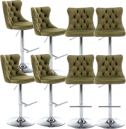 Rhomtree Velvet Swivel Bar Stools with Button Tufted Back and Pull Ring Height Adjustable Barstools 25-33 Inch for Home Pub and Kitchen Island (Olive-Green with Silver Base, Set of 8)