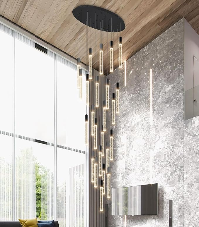 HAIXIANG 14.5 Foot High Ceiling Chandelier for Entryway Modern Crystal Lights for Living Room Foyer Flush Mount Sloping Ceiling Pendant Light Fixture Remote Dimmable 28-Lights Black