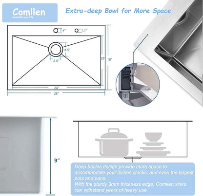 Comllen 28 inch Drop in Kitchen Sink, 28x18 inch Topmount Stainless Steel Sink, 18 Gauge T304 Single Bowl Kitchen With Strainer