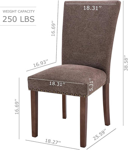COLAMY Upholstered Parsons Dining Chairs Set of 2, Fabric Dining Room Kitchen Side Chair with Nailhead Trim and Wood Legs - Brown