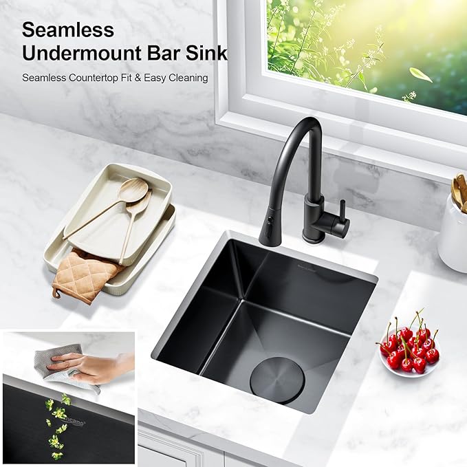 18x18 Black Bar Sink Undermount, Nano PVD Stainless Steel Single Bowl Square Deep Wet Bar & Prep Under Counter Small Kitchen Sinks with Grid (Gunmetal Black)