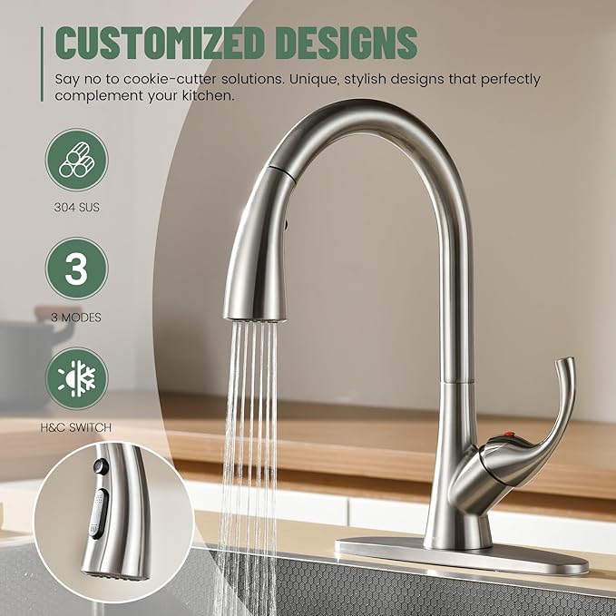 APPASO Brushed Nickel Kitchen Faucet with Pull Down Sprayer, 3-Function Spray Head, 360° Swivel, 20-Inch Hose, Single Handle High Arc Sink Faucet with Deck Plate for 1-3 Hole Sink, Unique Design