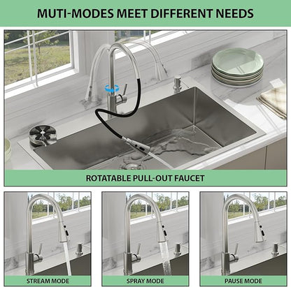 36 Drop In Kitchen Sink - Beslend 36x22 Kitchen Sink Drop In with Pull-Out Faucet, Stainless Steel Sinks and Soap Dispenser Topmount 16 Gauge Single Bowl Above Counter Dish Basin 9" Deep