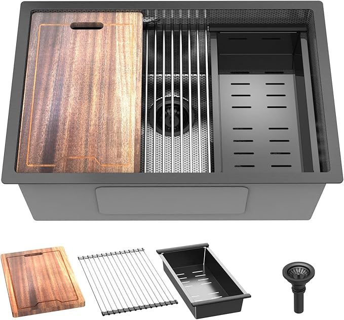 28inch Black Kitchen Sink Undermount - Feibus 28x19x10 with Double Step Workstation 16 Gauge Honeycomb Embossment Stainless Steel Single Bowl